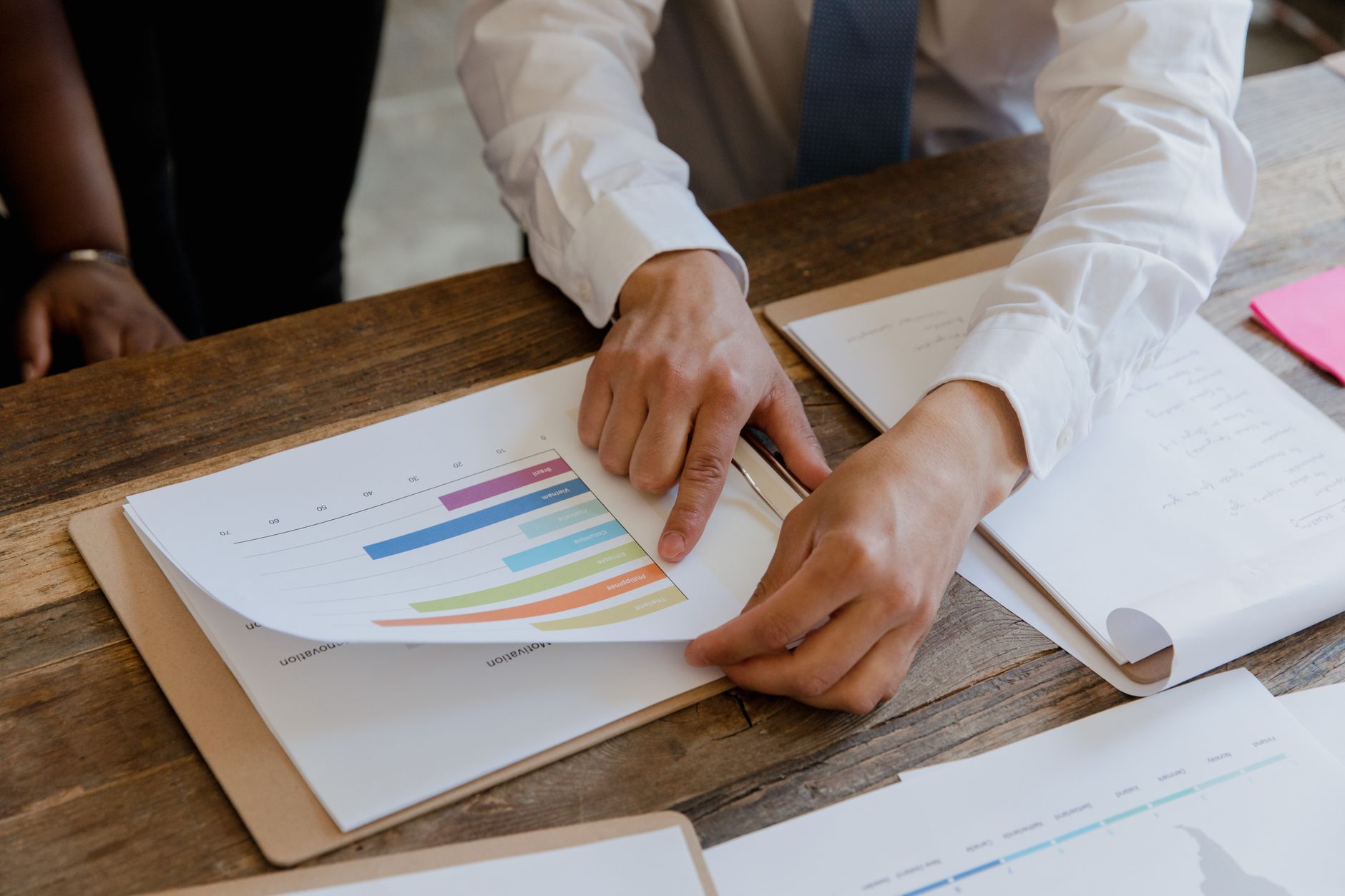 Mains d’une personne en chemise blanche feuilletant des feuilles avec des graphiques sur un bureau en bois.
